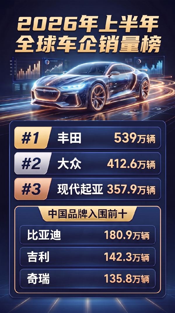 上半年全球车企销量榜公布:丰田蝉联第一