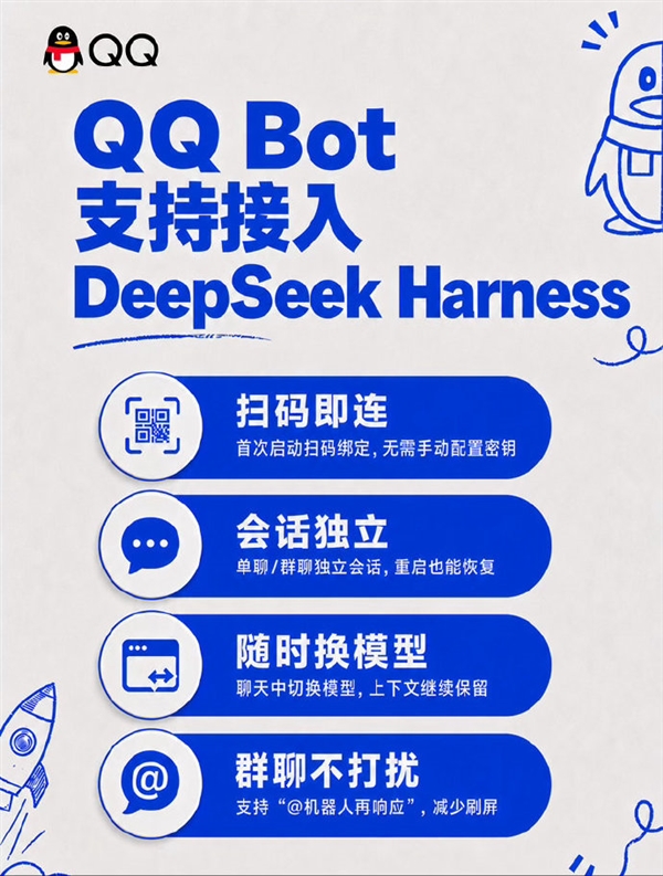 QQ Bot接入DeepSeek Harness:支持单聊和群聊 会话互不干扰