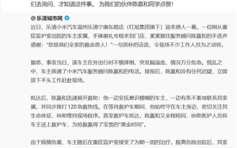 车主突发脑溢血陷入险境：小米员工火速施救 雷军点赞