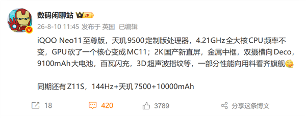 iQOO Neo11至尊版现身电信终端库:国产顶级2K直屏 9100mAh史上最大电池