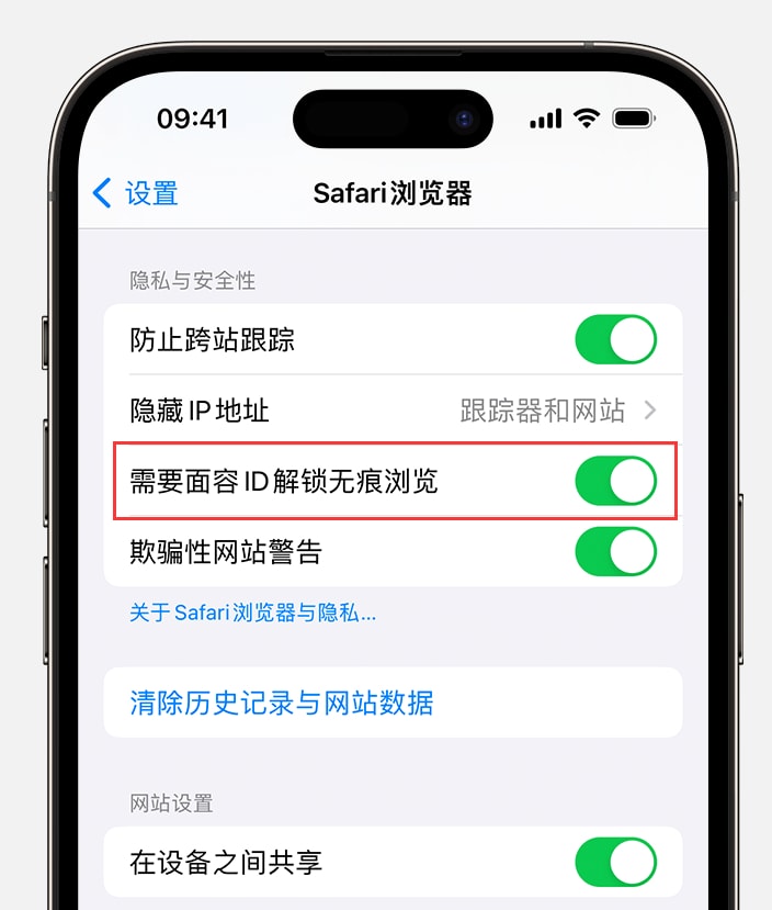 iOS 17 隐私保护功能:通过面容 ID 解锁无痕浏览