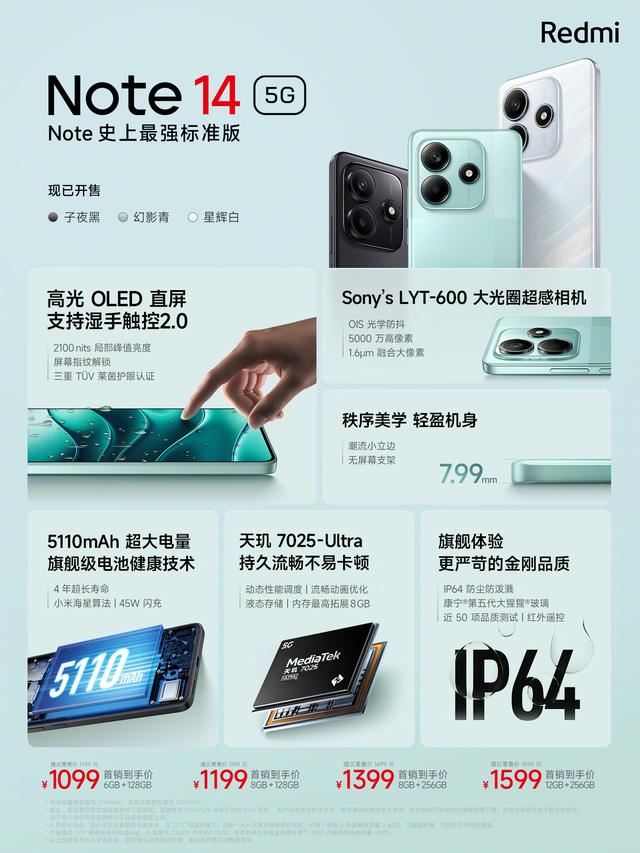 1099元起!小米 Redmi Note 14 5G 手机配置一览